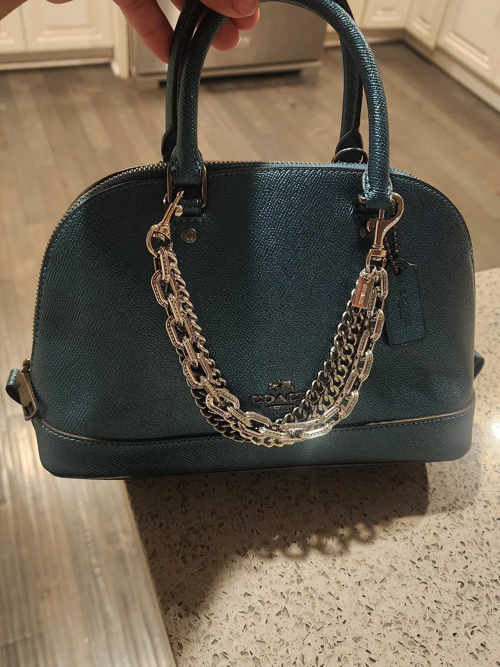 NOT FOR SALE Coach Metallic Dark Teal Saffiano Leather Satchel with Chain Detail